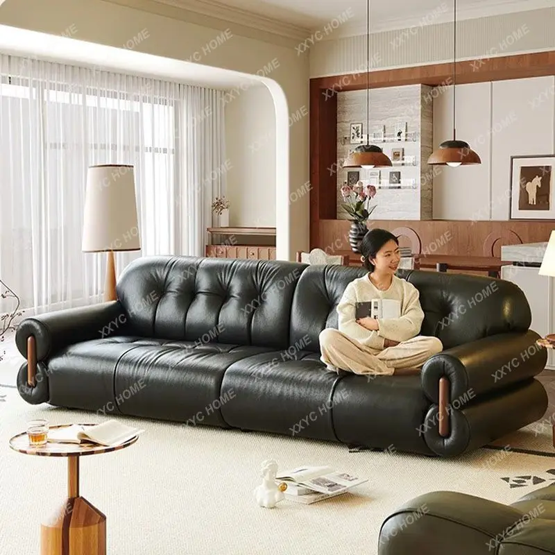 

HH Cloud top-layer cowhide sofa cherry wood small apartment light luxury inline sofa