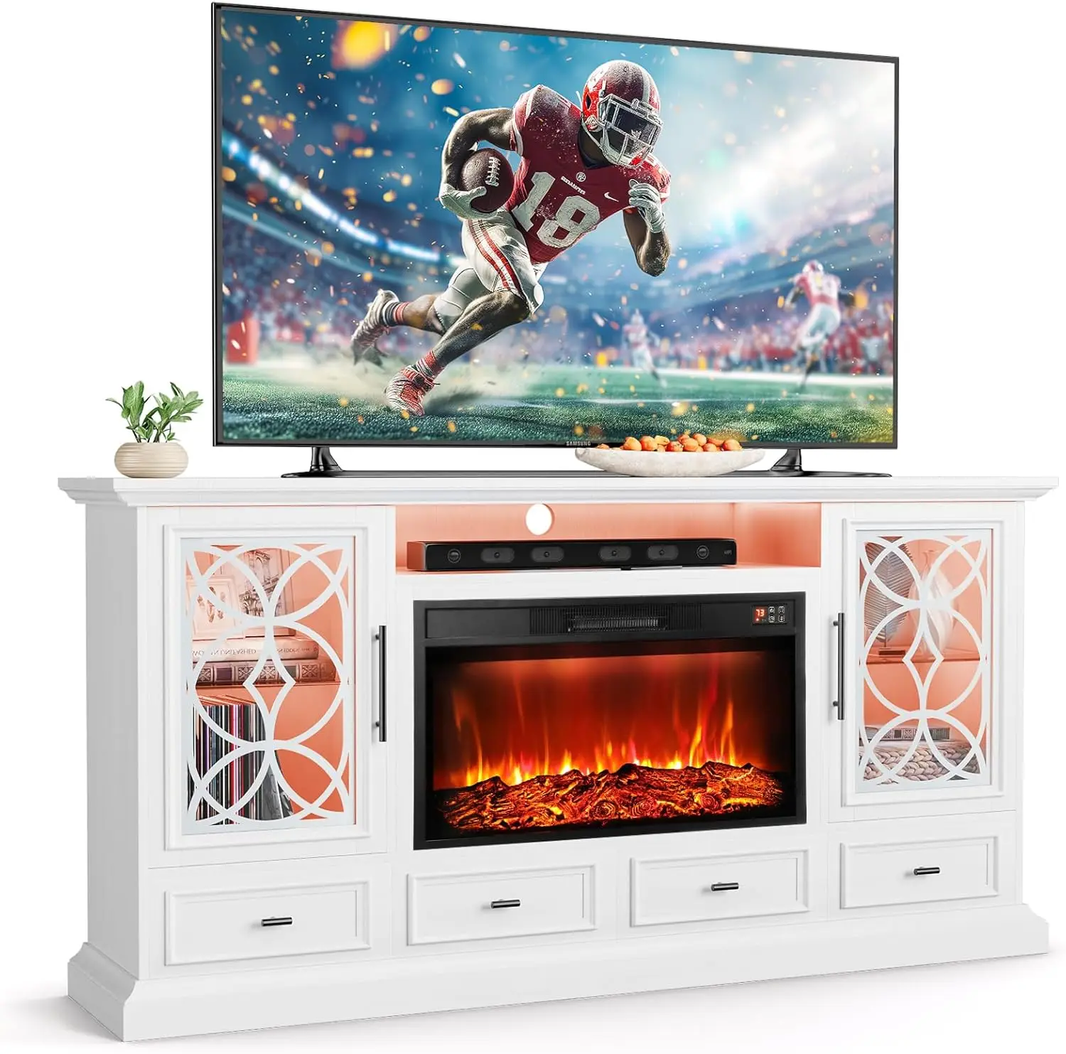 LGHM 70'' TV-standaard met open haard voor tv's tot 80 inch, witte tv-standaard met 30" open haard en LED-verlichting, boerderij entertainment cent