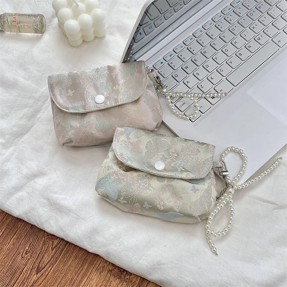 

Jacquard Butterfly Makeup Bag Snap Button Wear-resistant Small Wallet with Pearl Chain Coin Purse for Woman Girls