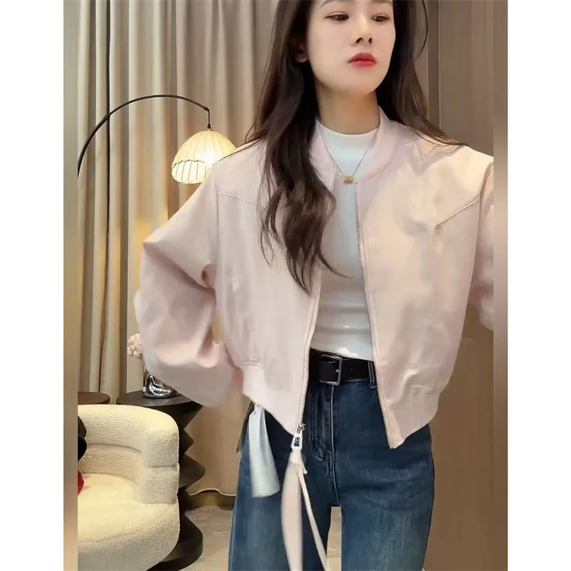 Casual Lazy Street Style White Short Jacket For Women 2026 Spring Autumn New Fashion Loose Zipper Coat Lined Baseball Outwear view 6