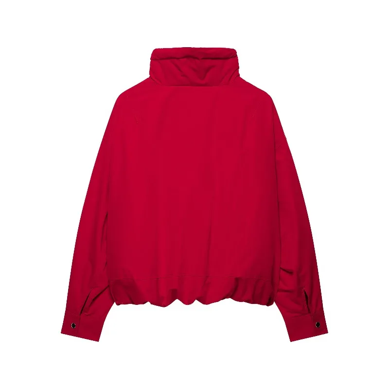 2026Classic Commuter Style Women S Red Hooded Pilot Jacket Cotton Padded Elastic Ruffle Hem Loose Short Casual Coat