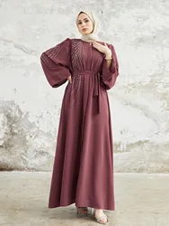 Eid Ramadan Djellaba Elegant Muslim Women Pleated Maxi Dress Saudi Arabic Robe Dubai Abaya Turkey Kaftan Islamic Clothing Belted