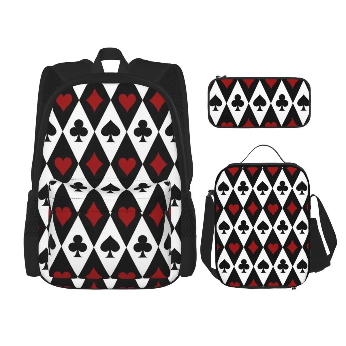 Playing Card Pattern Print Backpacks Children Bookbag School Bags Rucksack Lunch Bag Pen Bag Three-Piece Set