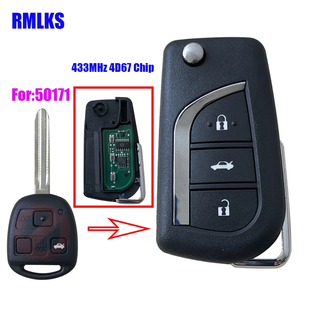 

50171 Flip Remote key 3 Button TOY43 blade for Toyota Land Cruiser FJ Cruiser prado 434mhz 4D67 1998-2011