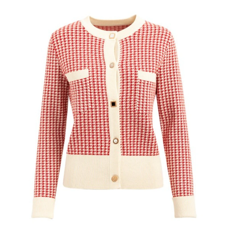 OLrain Women's Sweater Fall 2025 Fashion Woman Knitted O-neck Cardigan England Style Jacquard Plaid Female Jumpers O22DZ68561