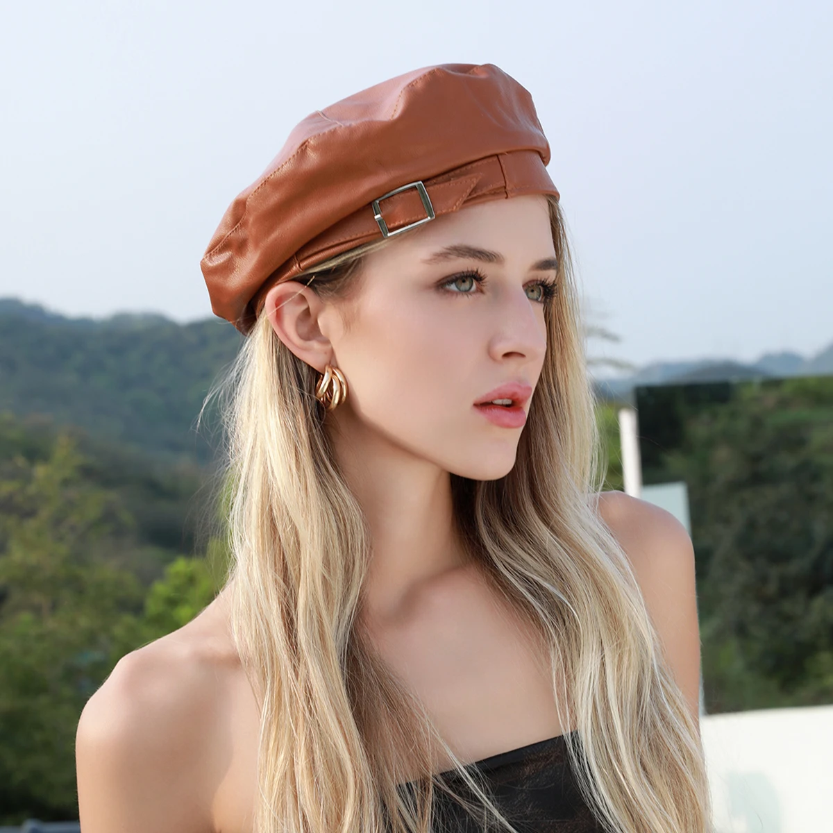 

Europe and the United States trend PU four corner beret outdoor fashion sunshade sunblock painter hat