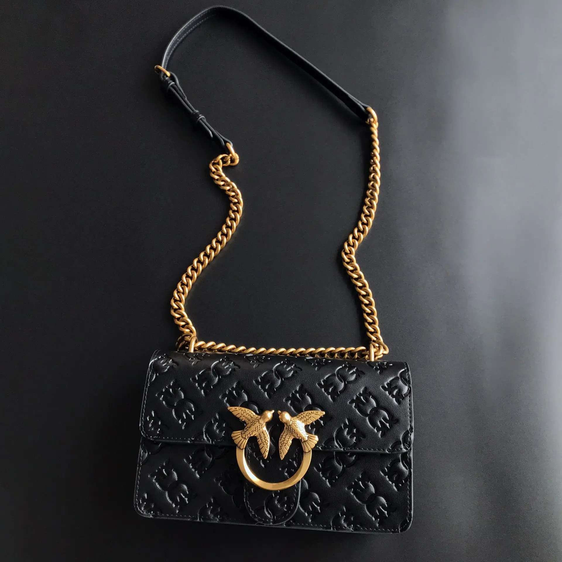 New Pinko-Inspired Genuine Leather Embossed Swallow Bag, Fashion Chain Armpit Bag, Luxury All-Match Shoulder Crossbody Bag