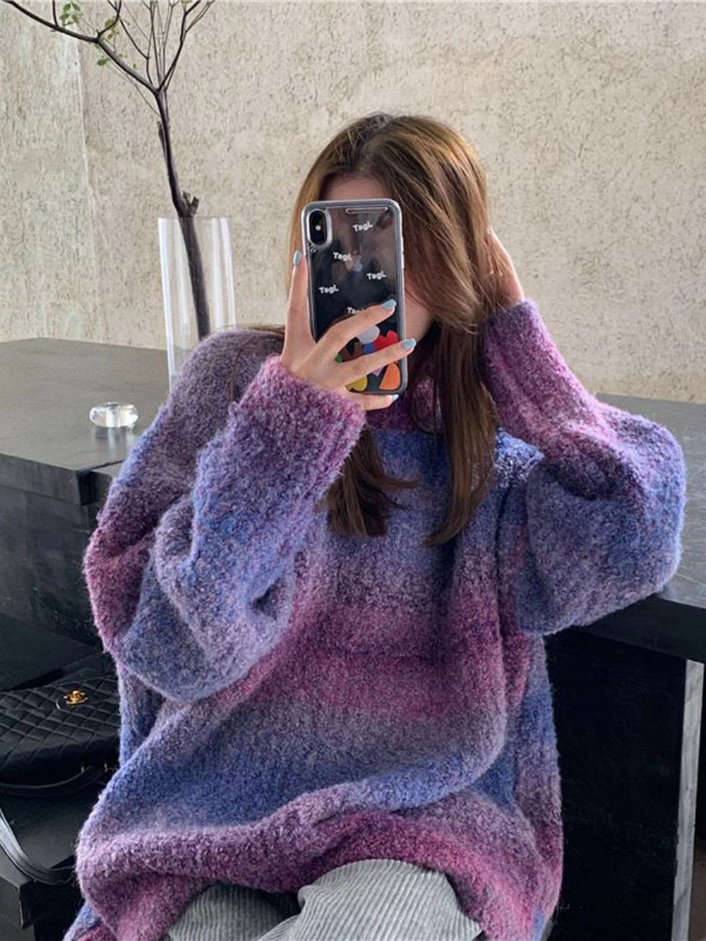 Women Solid Knit Sweater Autumn Winter New Gradient Color Long Sleeved Pullover Casual Loose Warm Warm Tops Female Clothes