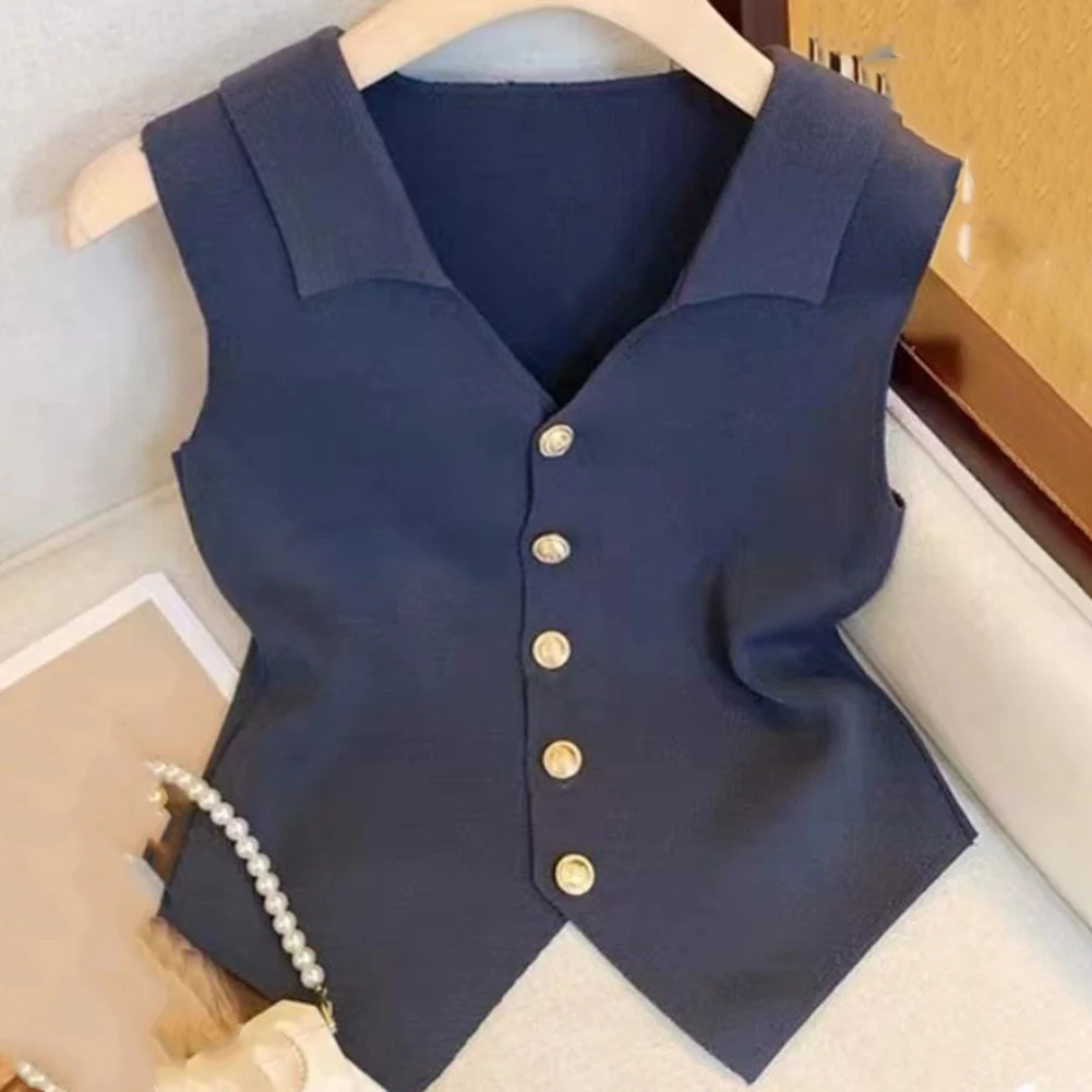 Lapel Collar Womens Camisole V Neck Single Breasted Cardigan Coat Sleeveless Slim Fit Knitted Vest Female Tops