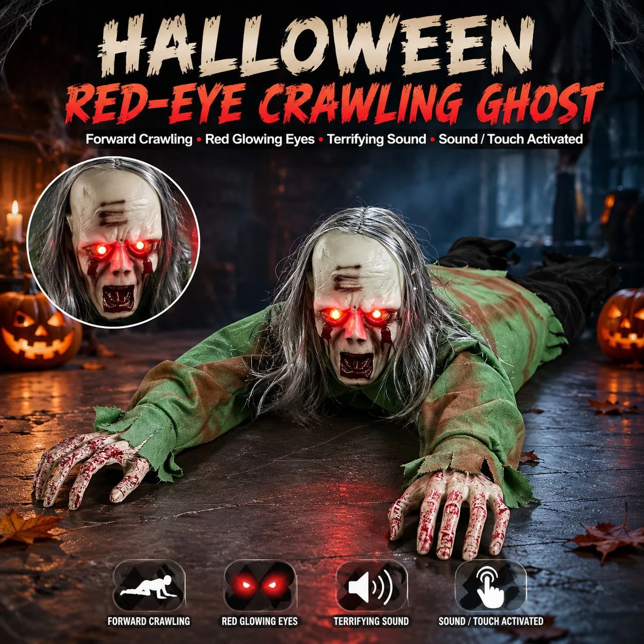 Straszna figurka ducha, który się węża, idealna dekoracja na Halloween, emitująca dźwięki i świecące oczy, realistyczna, elektryczna, do wystroju nawiedzonego domu.