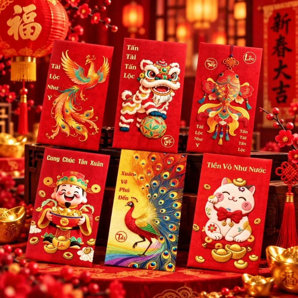 6PCS/Set Lucky Red Envelopes Gold Foil Design Chinese Style New Year Red Packets Vietnamese New Year Blessing