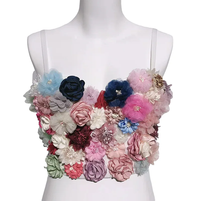 Handmade Sweet Sleeveless 3D Floral Patchwork Multi Flower Camisole Sexy Tank Fashion Tide