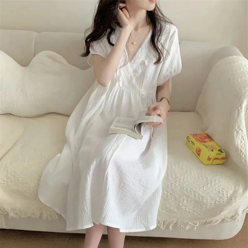 Lace Women Nightgown V-neck Sleepwear Summer Night Dress Short Sleeve One Piece Pajamas Korean Solid Tie Home Wear Robe 2024 New