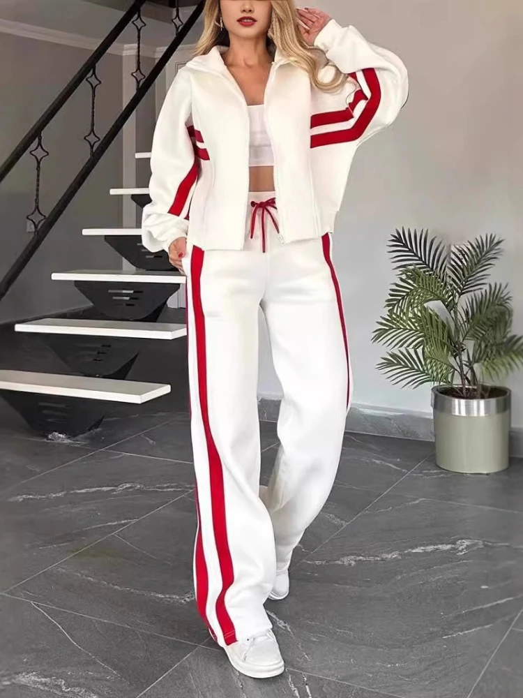 

Весенние длинные брюки, повседневные костюмы, модный повседневный комплект из 2 предметов 2025, комплекты брюк, полосатая куртка, одинаковые комплекты, топы Y2k, спортивный костюм
