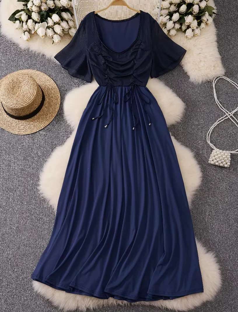 

Large-Sized Women's A-Line Mid-Length Dress Waist-Cinching Pleated with Pockets European & American Spring Autumn Fashion