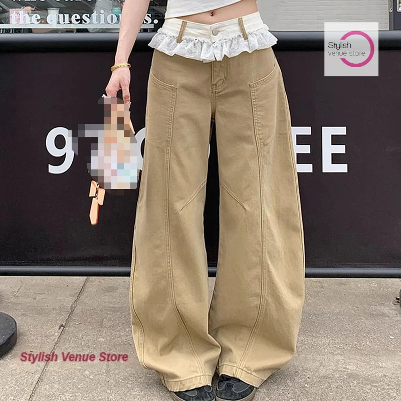 

Summer new khaki lace stitching jeans female French fashion temperament high waist slim high waist design wide-leg pants.