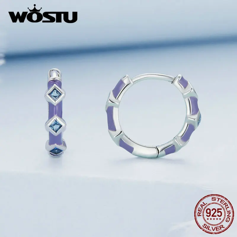 WOSTU 925 Sterling Silver Simple Sea-blue Spinel Ear Buckles Elegant Hoop Earrings For Women Fashion Party Jewelry Gift BSE687