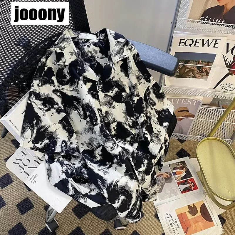 

Korean Summer 2024 New Printing Casual Trend Loose Casual Tops Ink Painting Shirt Men's High Street Vintage Short Sleeve Blouse