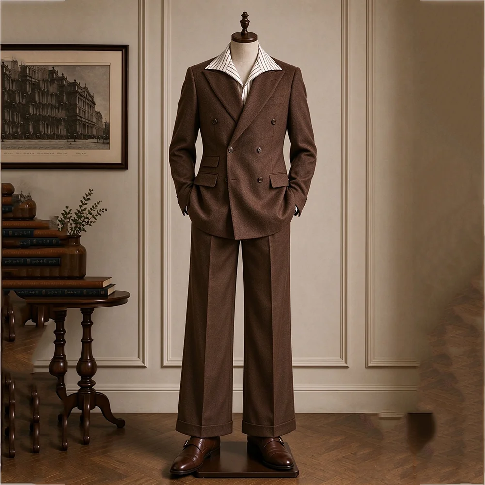 Vintage Brown Men's Double Breasted Suit 2 Pieces British Retro Luxury Gentleman Outfit Straight Fit Blazer Pants Formal Set