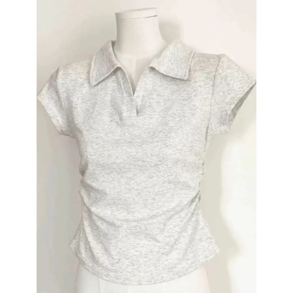 Casual Women Summer Top Polo V Neck Cotton Tee Slim Fit Short Sleeve Ruched Waist Solid Color Elegant Fashion Blouse