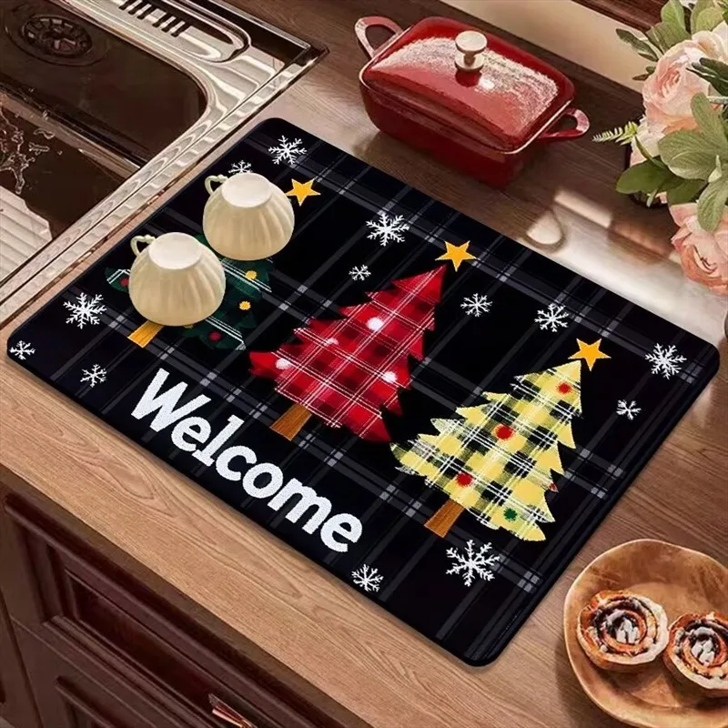 VIKAMA Diatomite Drying Mat Water Absorbing Fast Drying Non-Slip Heat Resistant Kitchen Counter Plaid Tree Welcome