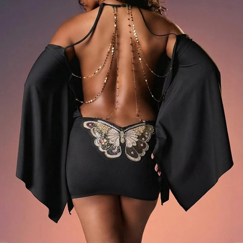 Robe courte élégante à col halter et épaules dénudées, sexy, avec broderie de papillon en sequins, robe de soirée tendance, dos nu et ajourée.