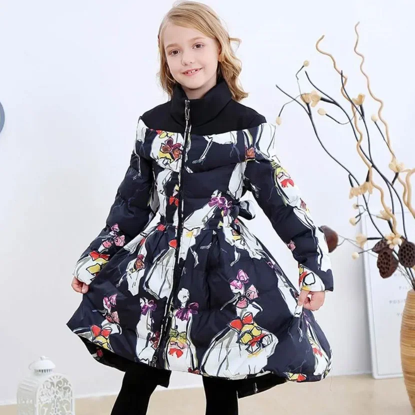 Children's Winter Coat New Fashion Down Jacket For Girl Print Design Warm Outerwear Kids Long Jacket A2041