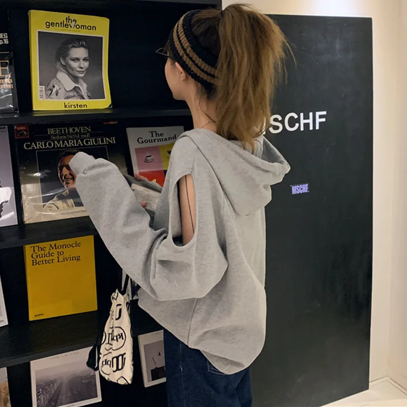 

American Fashion Spring and Autumn Korean Version Off Shoulder Long Sleeved Women's Hooded Thin Hoodie Lazy Style Versatile Top