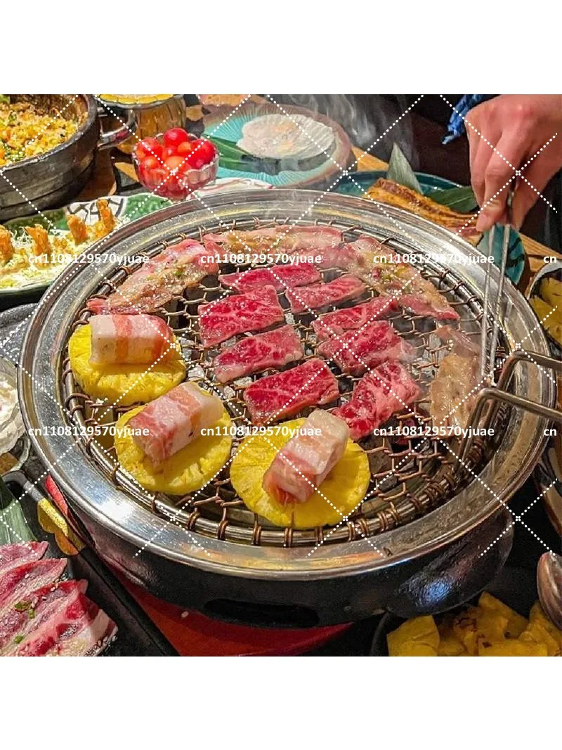 Cast Iron BBQ Grill - Smokeless Round Charcoal Grill for Indoor Outdoor Use, Multi-Purpose for Meat & Pancake