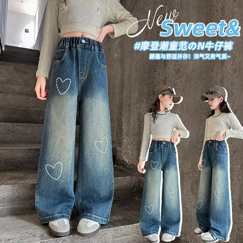

Spring Autumn Girls Wide Leg Denim Jeans Casual Pants for Girls and Children Medium Large Size 2026 New Fashionable 4-12 Years