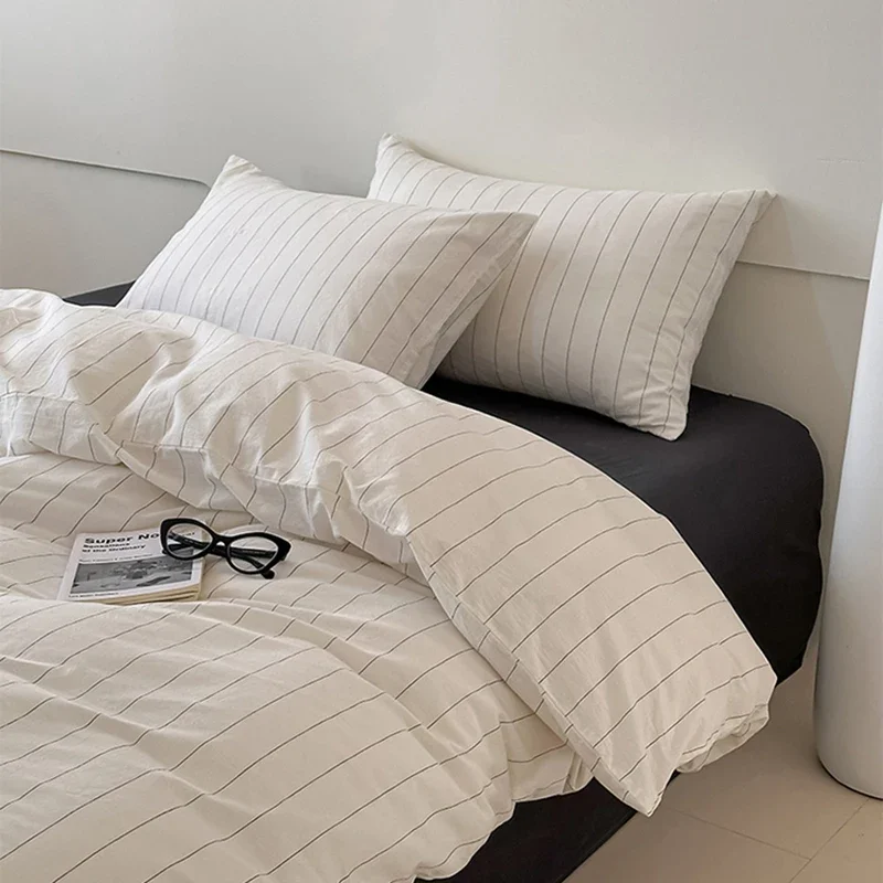 100% Cotton Fine Stripe Duvet Cover Set Minimalism Japandi Aesthetic Bedding Set Soft Skin-friendly Cozy Quilt Cover Pillowcase
