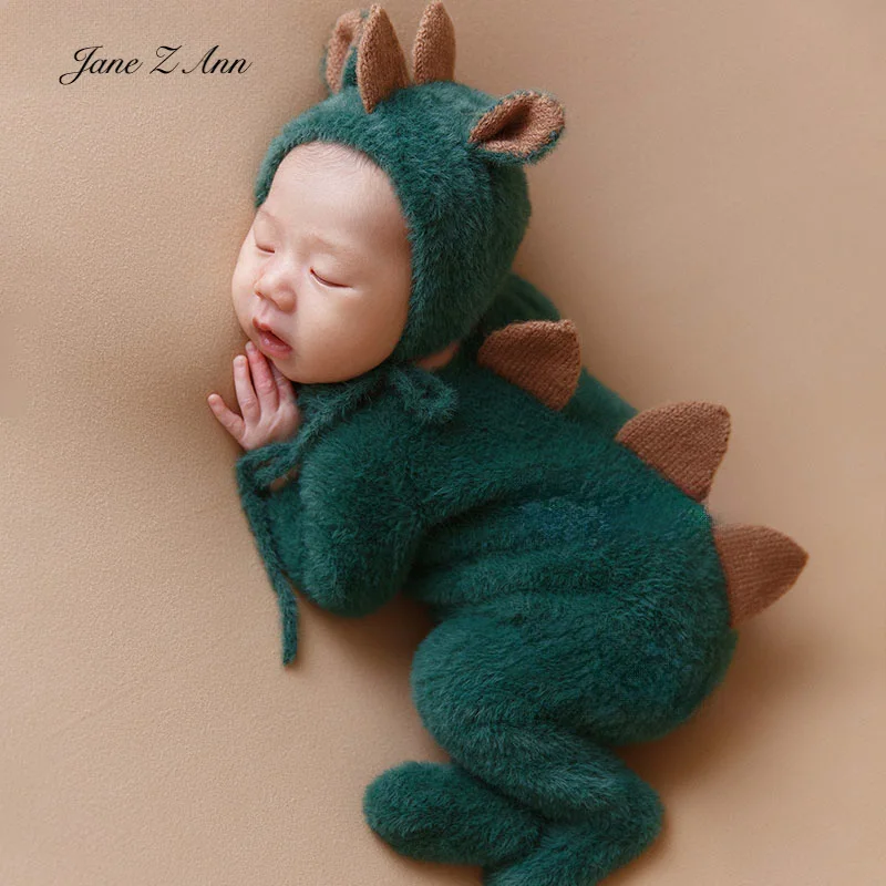 Newborn baby dinosaur costume green hat romper 3pcs dolls blanket studio shooting accesssories