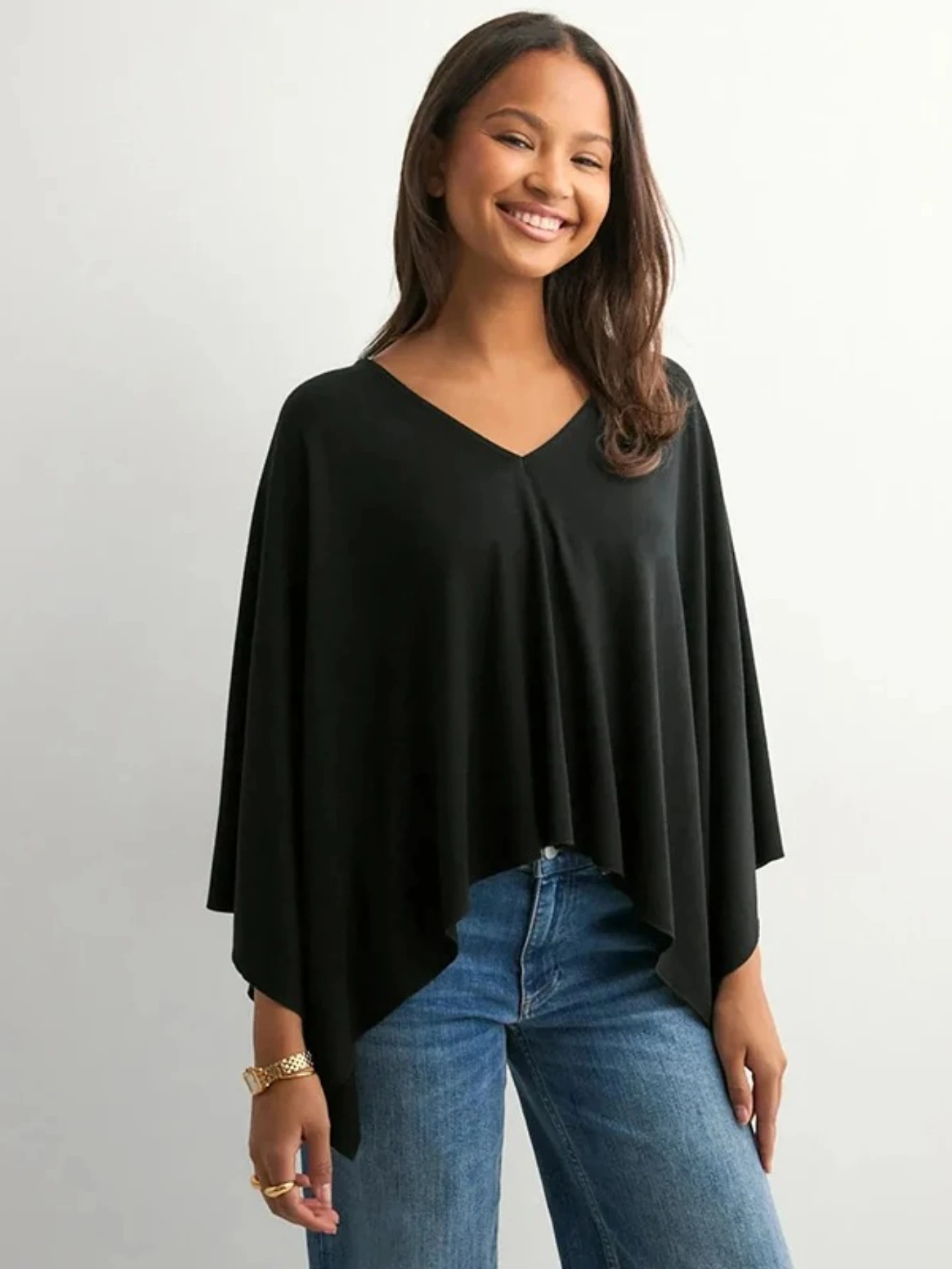 

Fall Women'S New Arrival Solid Color V-Neck Loose-Fit Top With Asymmetric Shawl Top Versatile Comfortable Casual Top