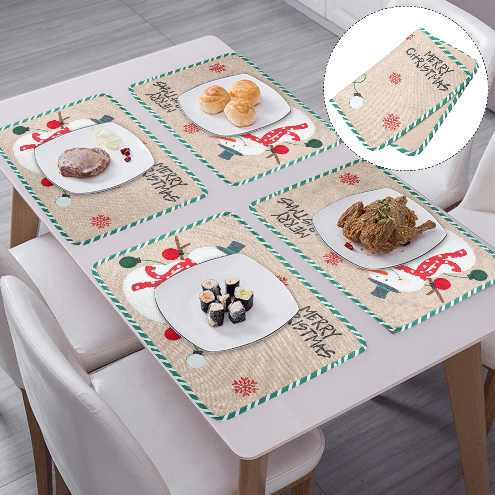 

Snowman Deer Plate Christmas Placemat Linen Cotton Dining Table Mat Holiday Banquet Decoration Tabletop Protector