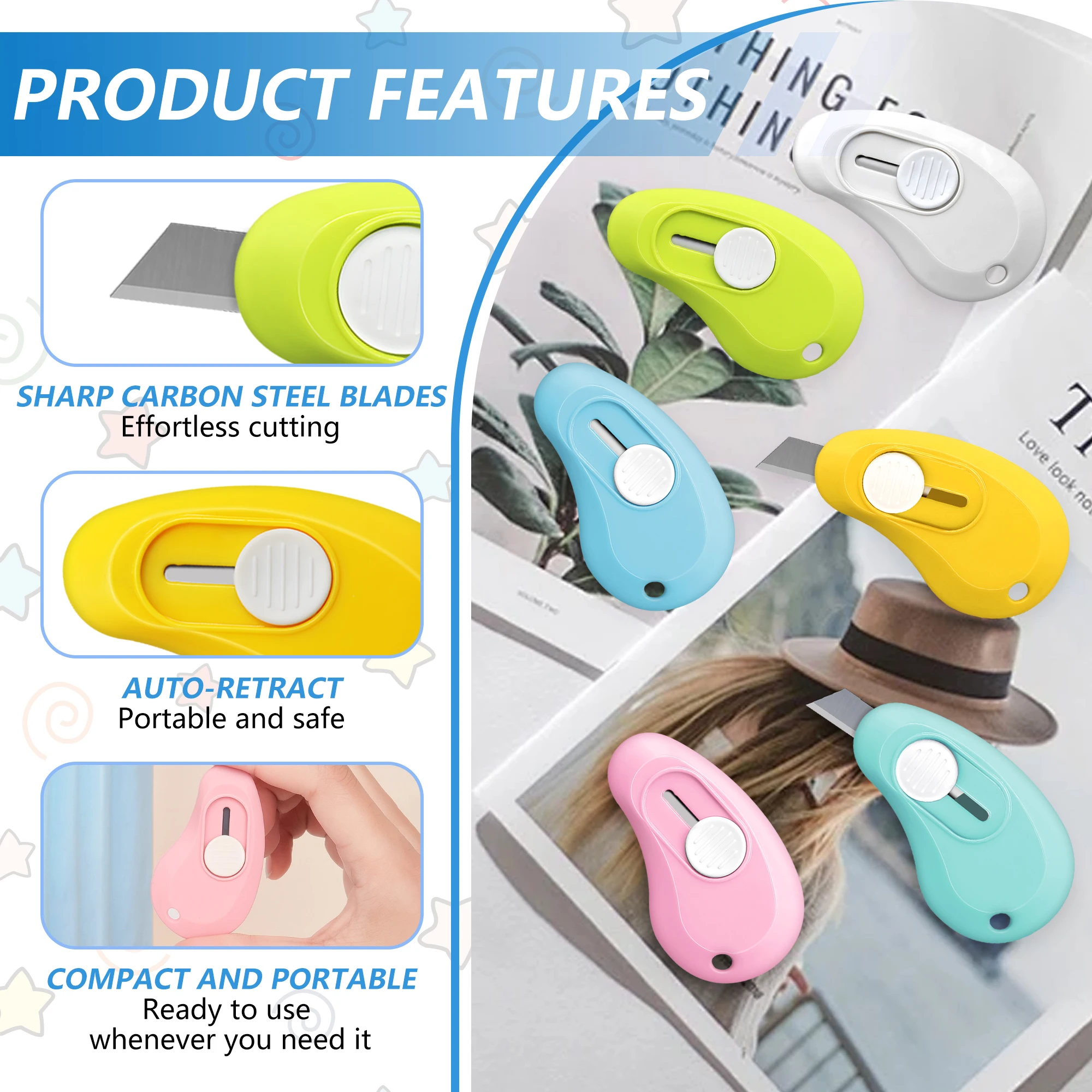 6-Piece Mini Retractable Multi-Tool Set Compact Package Opener Paper Cutter Keyhole Access Ideal for Office/DIY Projects