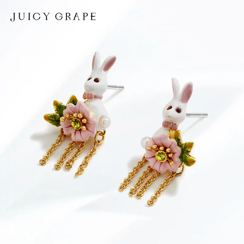 

Juicy Grape Enamel Dangle Earrings 925 Silver Needle Earrings For Women Rabbit Flower Chains Eardrops Aretes Jewelry Accessories