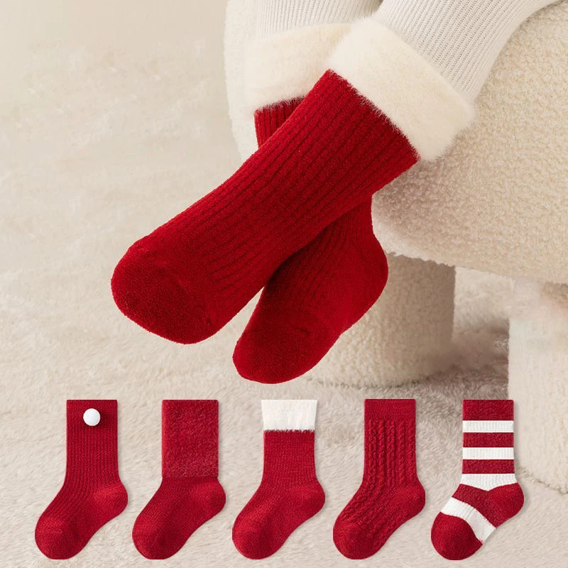 5 Pairs Baby Socks Autumn Winter Fleece-Lined Thickened Warm Mid-Tube Newborn Kids Socks