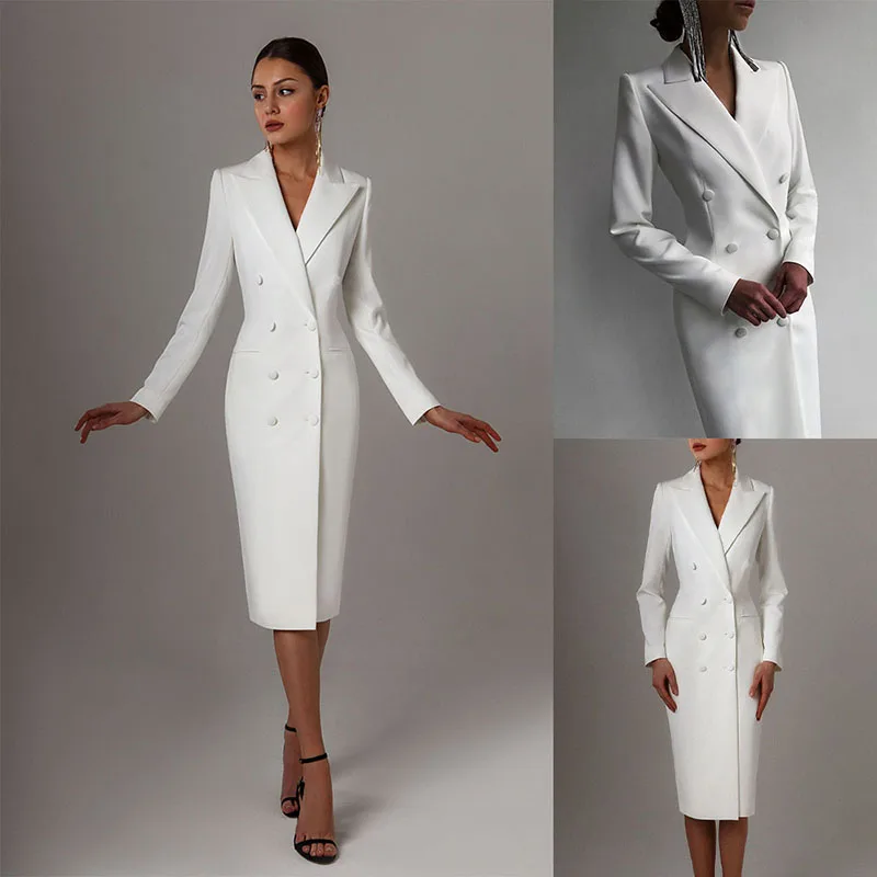 Terno de blazer longo feminino, jaqueta dupla, smoking branco, roupa de lapela para festa