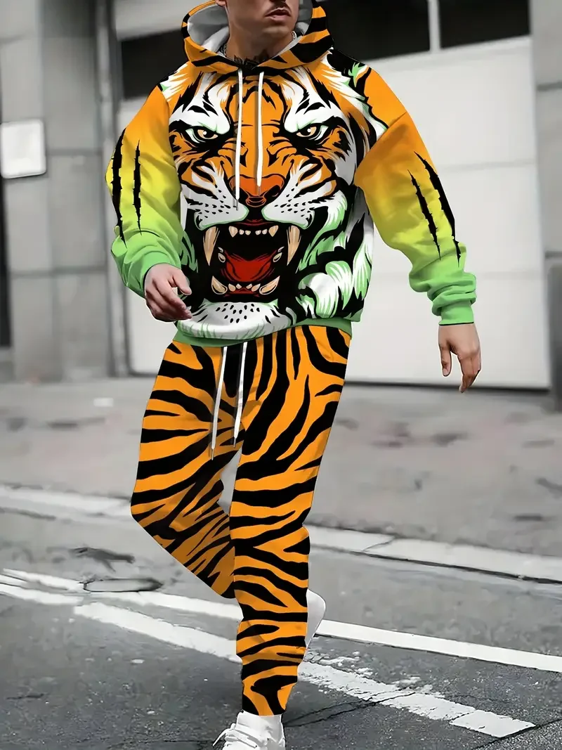 Animal Tiger 3D Print Suit Sweatshirt Forest Tiger Print Casual Hoodie + Drawstring Casual Pants 2pcs Set Men Women Hoodie Suit