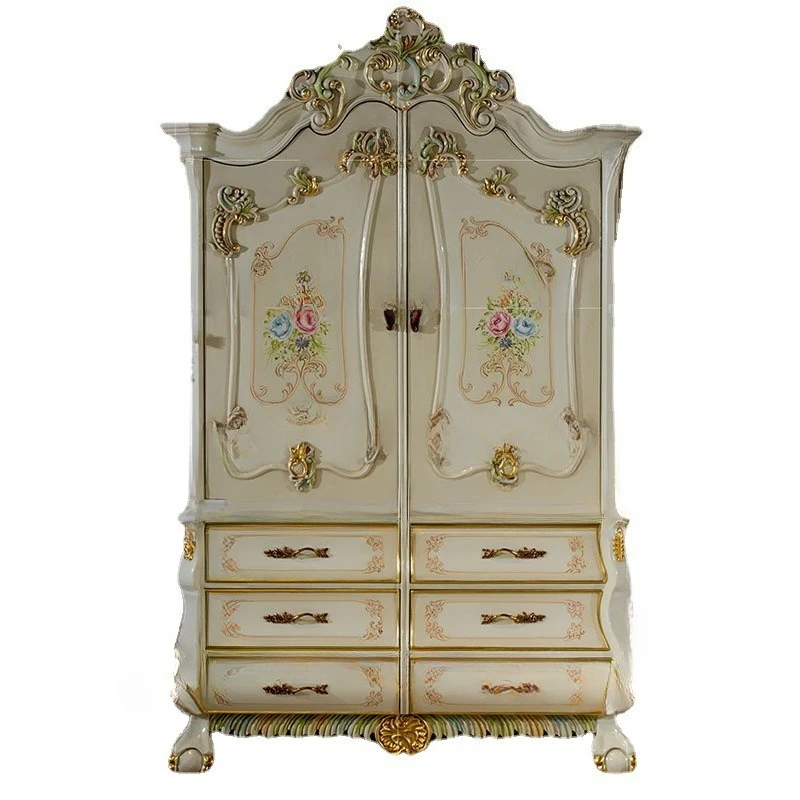 Villa bedroom furniture birch carved hand painted double door wardrobe furniture