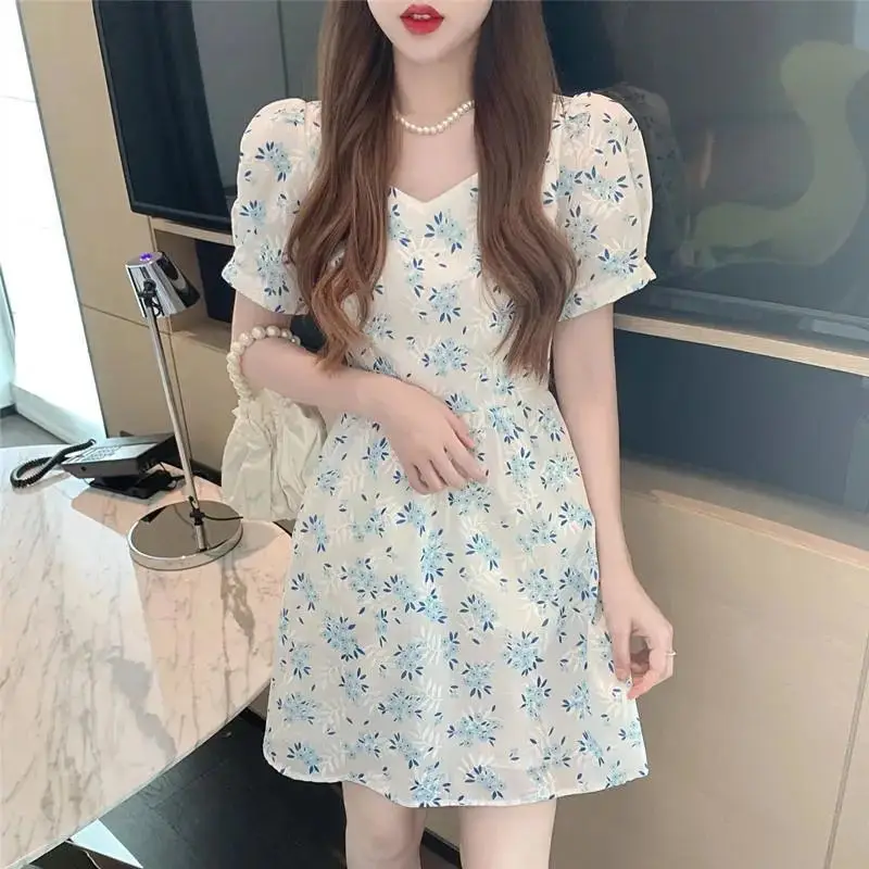 

Dress Women Backless Elegant Mini Puff Sleeve Fashion Print Korean Style V-neck Temperament Leisure Party Vacation Cozy Summer