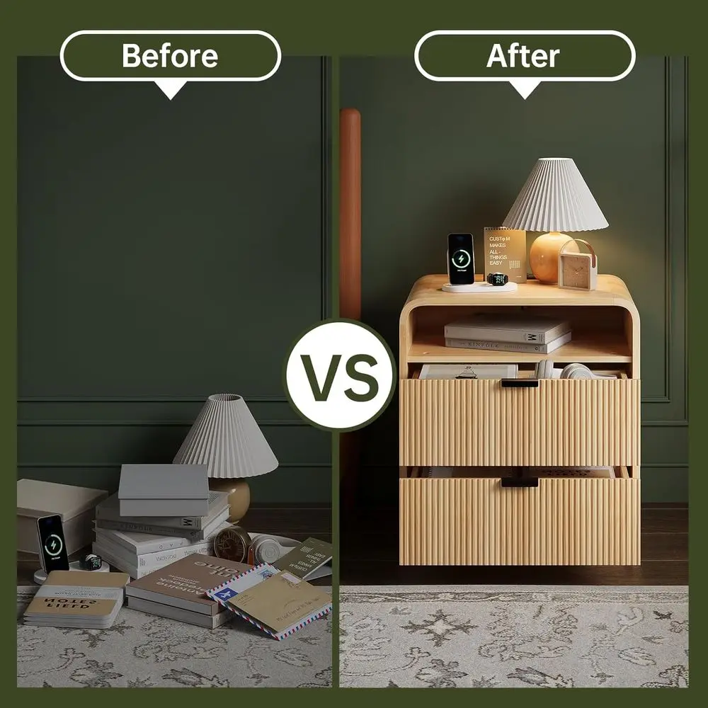 منضدة من خشب البلوط الحديث مع درجين، تصميم مخدد، محطة شحن، ملف تعريف منحني، خزانة تخزين لغرفة النوم