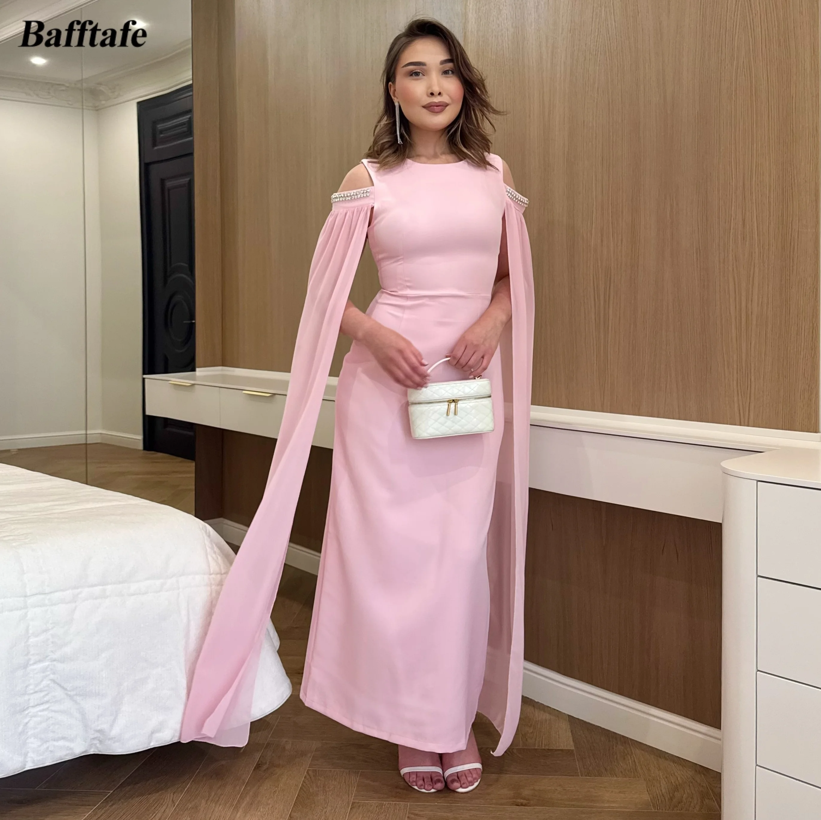 Bafftafe Pink Chiffon Midi Prom Dresses Customized Off The Shoulder Arabic Women Formal Party Evening Dress Bridesmaid Gowns