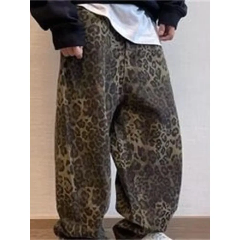 Deeptown Tan Leopard Jeans Men Oversized Wide Leg Trousers Streetwear Hip Hop Denim Pants Male Vintage Baggy Casual Animal Print