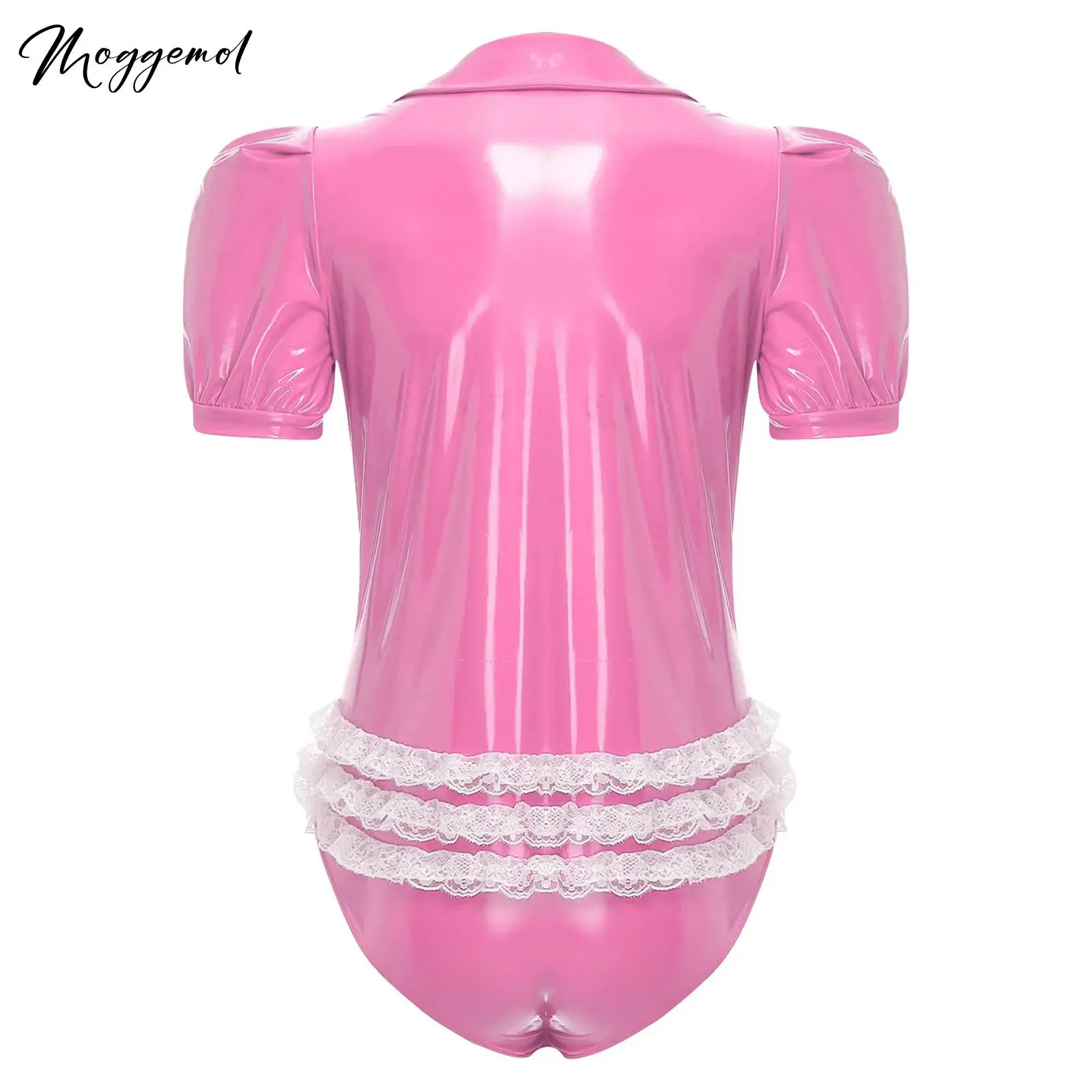 

Мужской блестящий кожаный комбинезон-трико для горничной с отложным воротником, коротким рукавом, молнией спереди, кружевное боди с рюшами и пуговицами в промежности