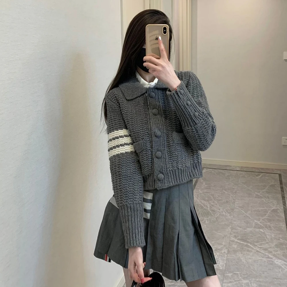 

TB THOM Women's Knitted College Style Lapel 4-Bar Striped Long Sleeve Wool Sweaters Autumn Winter Top Quality Knit Cardigan