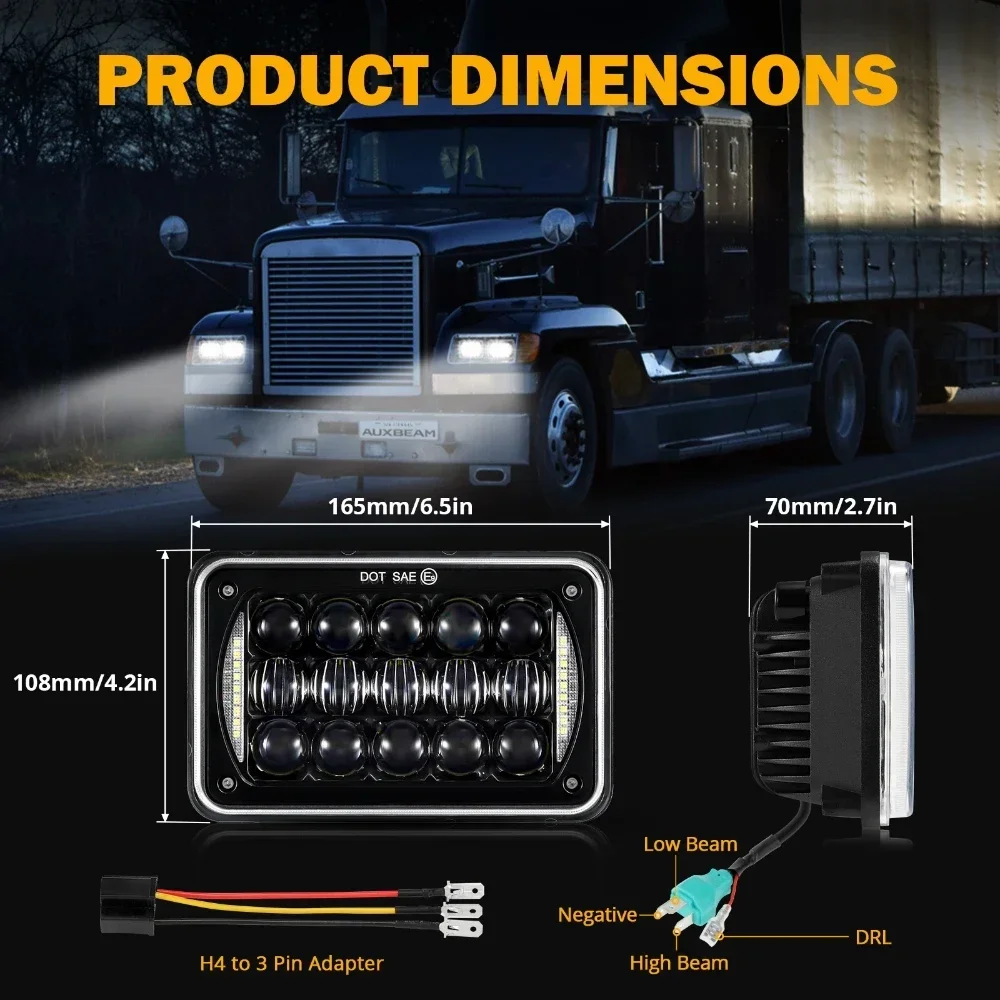 Rectangular 4x6inch LED Headlights High / Low Beam With White DRL for Peterbil Kenworth Freightinger Ford Probe Chevrolet Trucks