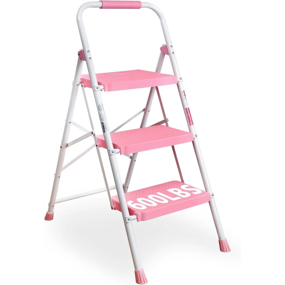 

3-Step Ladder, Folding Step Stool with Wide Anti-Slip Pedals, Max Load Capacity 600lbs Sturdy Steel Ladder, Convenient Handgrip