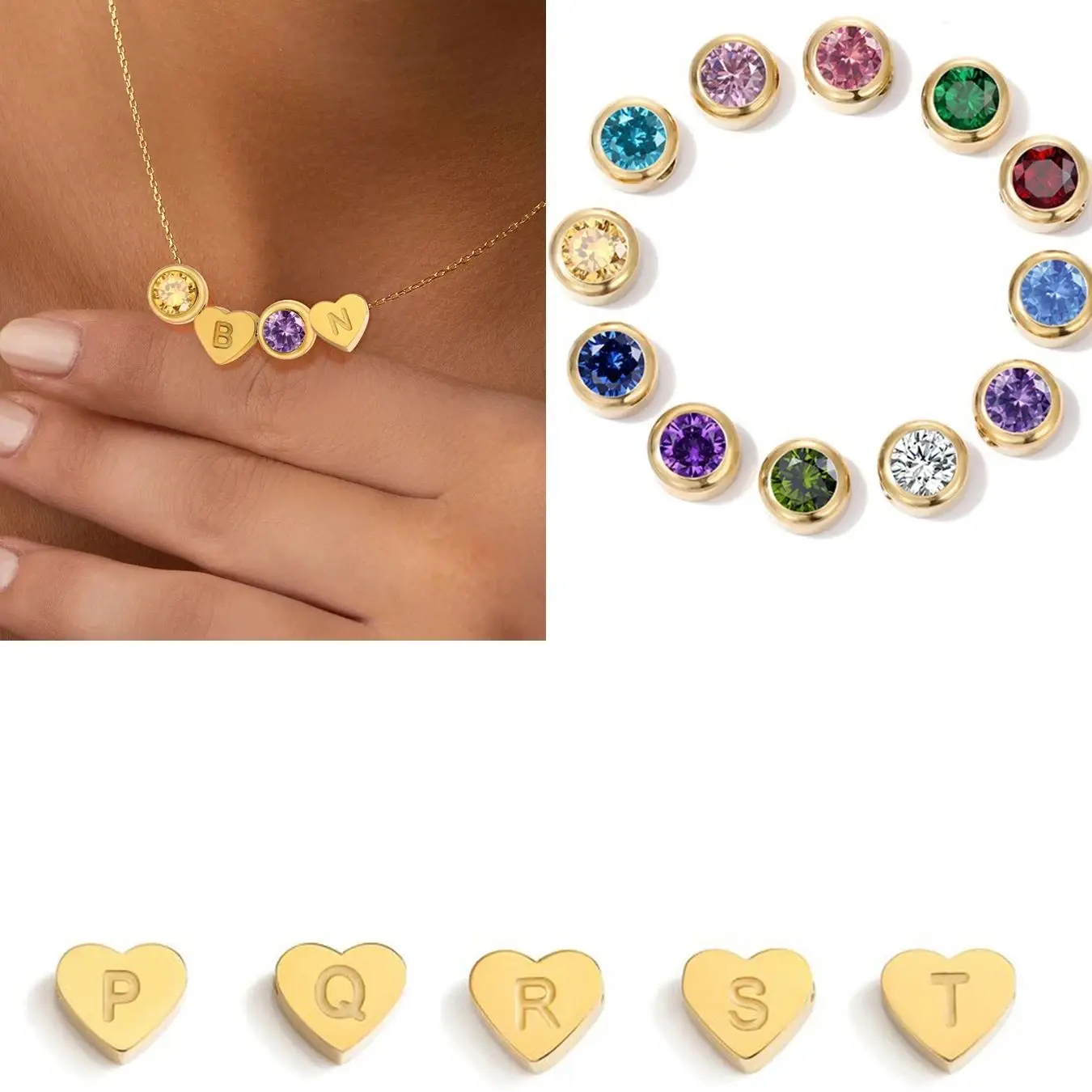 Stainless Steel No Tarnishing 12 Birthstones Jewelry Gold Plated 26 Letters Heart Bead Choker Necklace For Women