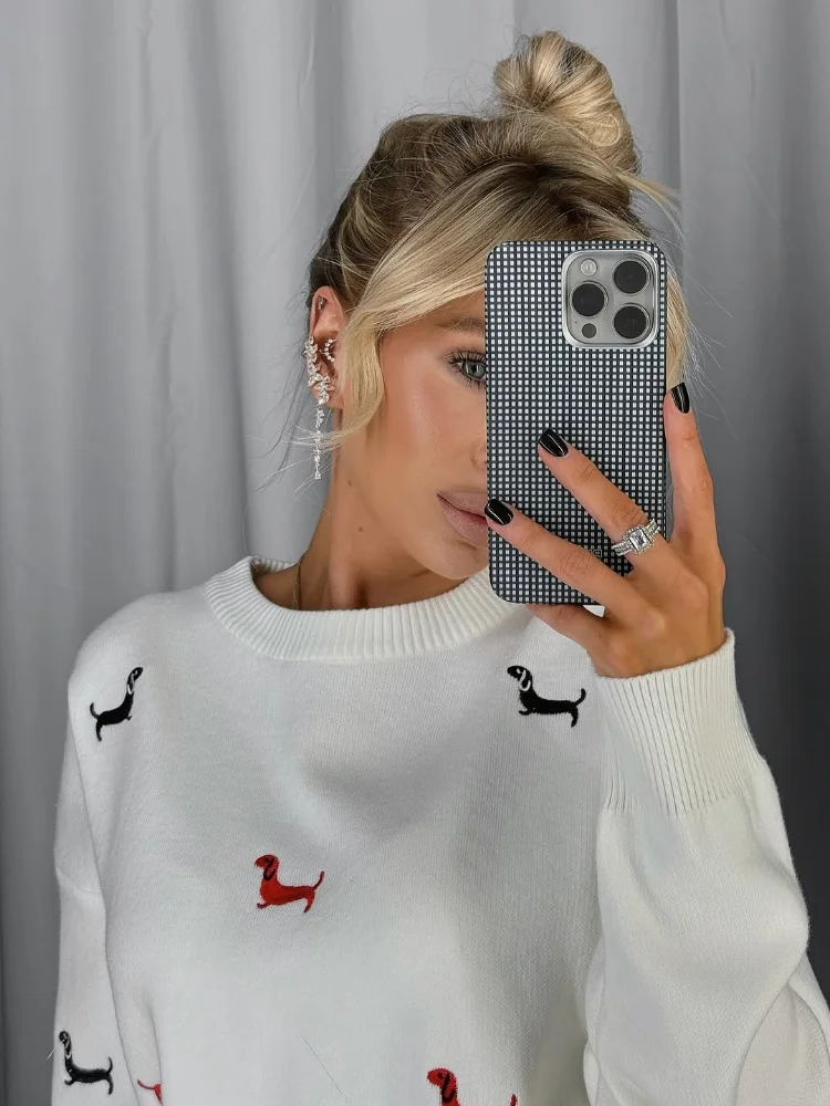 

Puppy Embroidery Sweater Women Autumn Winter Long Sleeve O-neck Loose Tops Pullover Casual 2025 Fashion Ladies Chic Jumpe